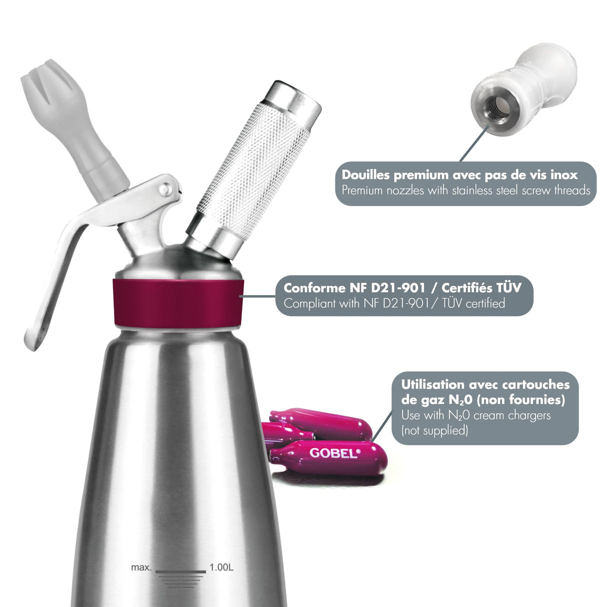 GOBEL - Sifón para la cocina profesional de acero inoxidable - Sifón para montar nata con recipiente y cabezal de acero inoxidable - 1 litro - Calidad profesional (cumple la norma NF D21-901)