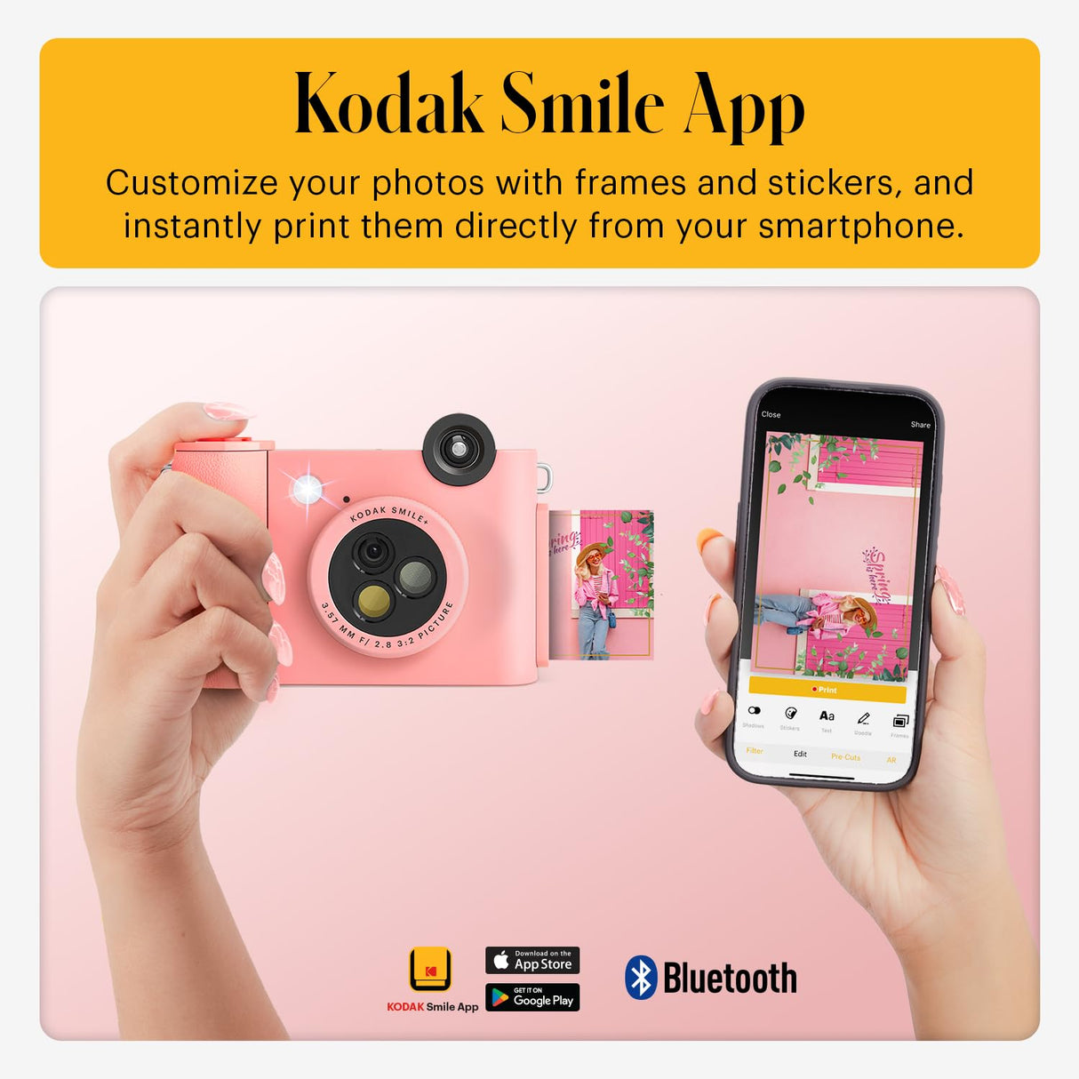 KODAK Smile+ Cámara Digital instantánea 2-en-1 y Impresora Bluetooth - 10MP, Lente giratoria con Efectos, Fotos Adhesivas Zink 2x3”, Imprime Desde App en Dispositivos Inteligentes - Rosa