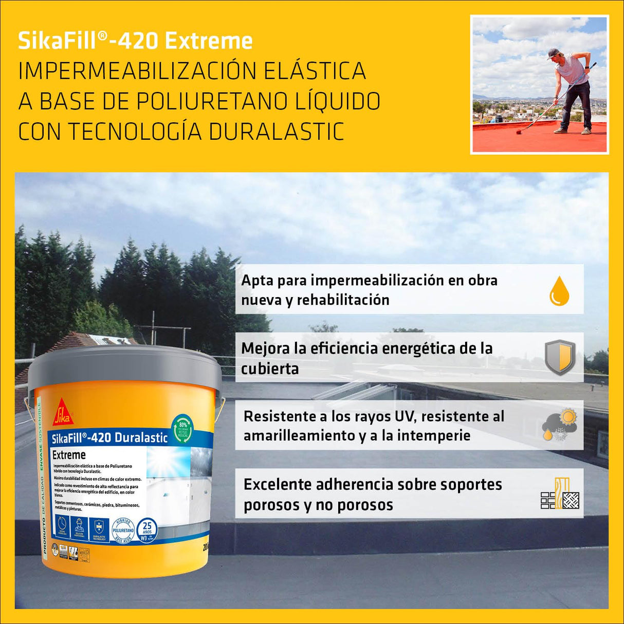 SIKA - Membrana líquida impermeabilizante - SikaFill 420 Extreme - Rojo Teja - Para cubiertas nuevas como en rehabilitaciones - Listo para su uso - Permeable al vapor de agua - 20 kg