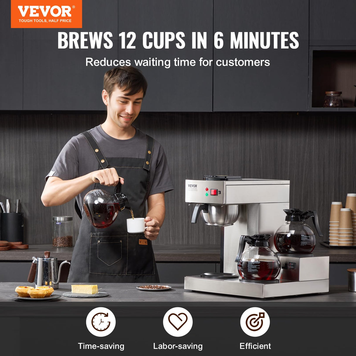 VEVOR Cafetera de Goteo Comercial Máquina de Café con 3 Jarras de Vidrio y 3 Placas Calentadoras Cafetera de Acero Inoxidable con Entrada Automática de Agua para Restaurante, Oficina, Cafetería