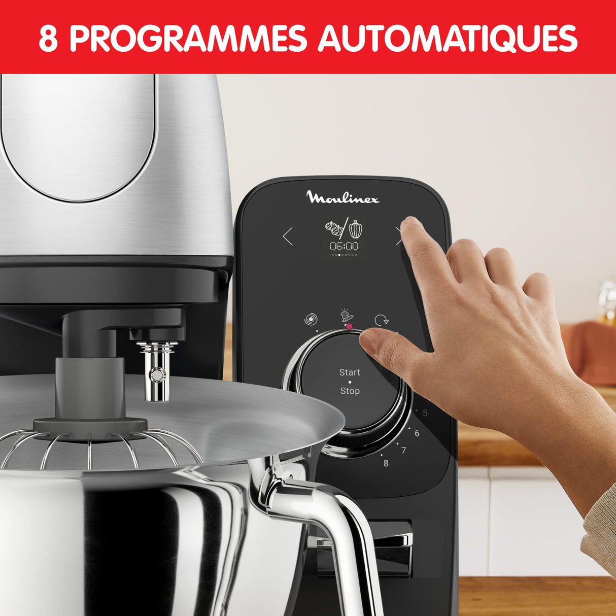 Moulinex Robot pastelero, Cuenco de acero inoxidable 5.5 L, 8 programas recetas básicas, Tecnología patentada, Silencioso, Robusto, Aplicación gratuita con coaching, Coach QA900810