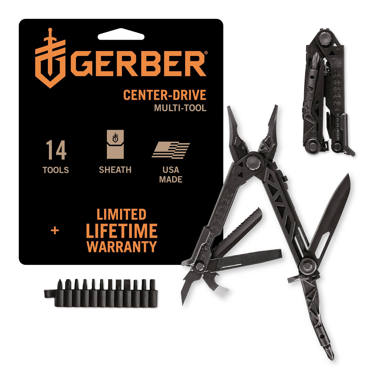 Gerber Multiherramienta con clip para cinturón, transmisión central, apertura con una sola mano, 14 funciones y funda de nylon (compatible con Molle), Negro, 30-001425