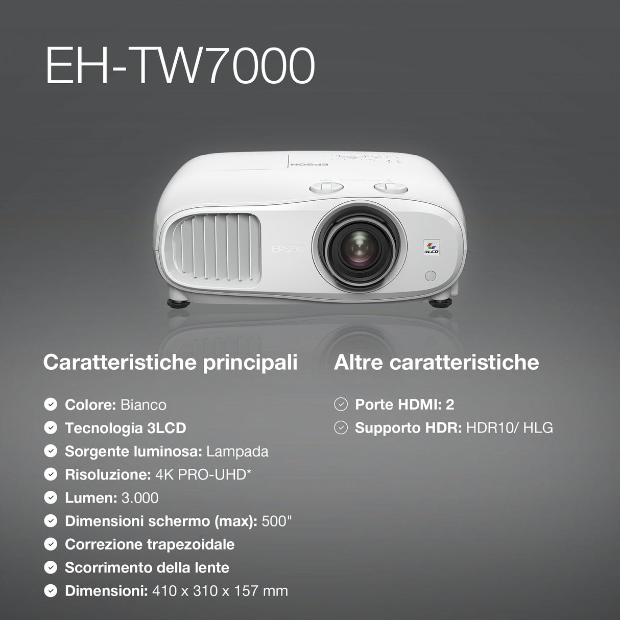 Epson EH-TW7000, Proyector 4K PRO-UHD Bluetooth Home Cinema & Gaming, 3000 lúmenes, Alto Contraste 40.000:1, Lámpara Larga Duración 5000 horas, Pantalla Hasta 500”, Tecnología 3LCD, usb