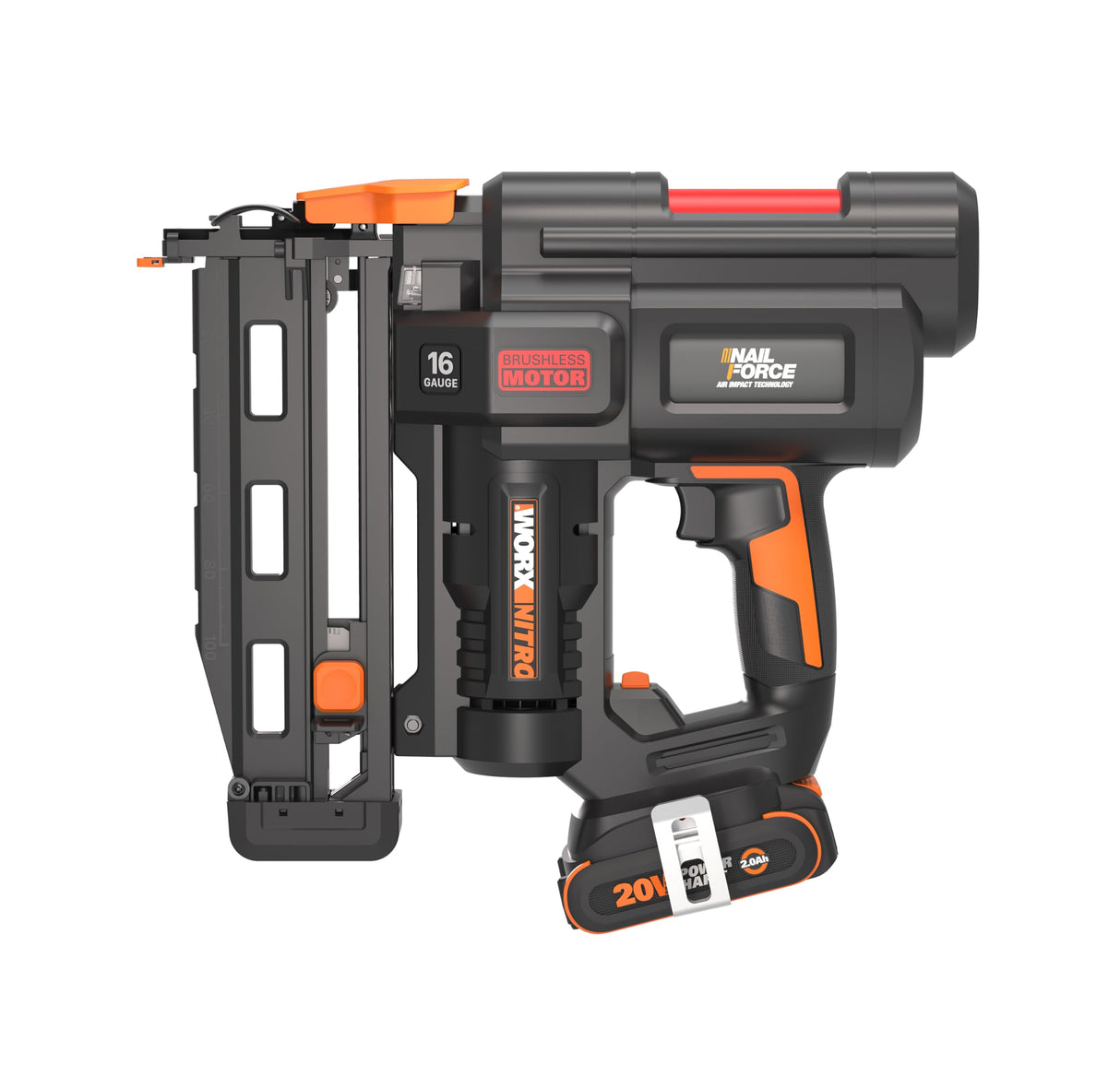 WORX WX841 Nitro – Clavadora eléctrica inalámbrica 20 V – 2 Ah – Tire hasta 80 clavos por minuto – Hasta 64 mm en la madera – Desbloqueo sin herramientas – (incluye batería y cargador| 200 clavos