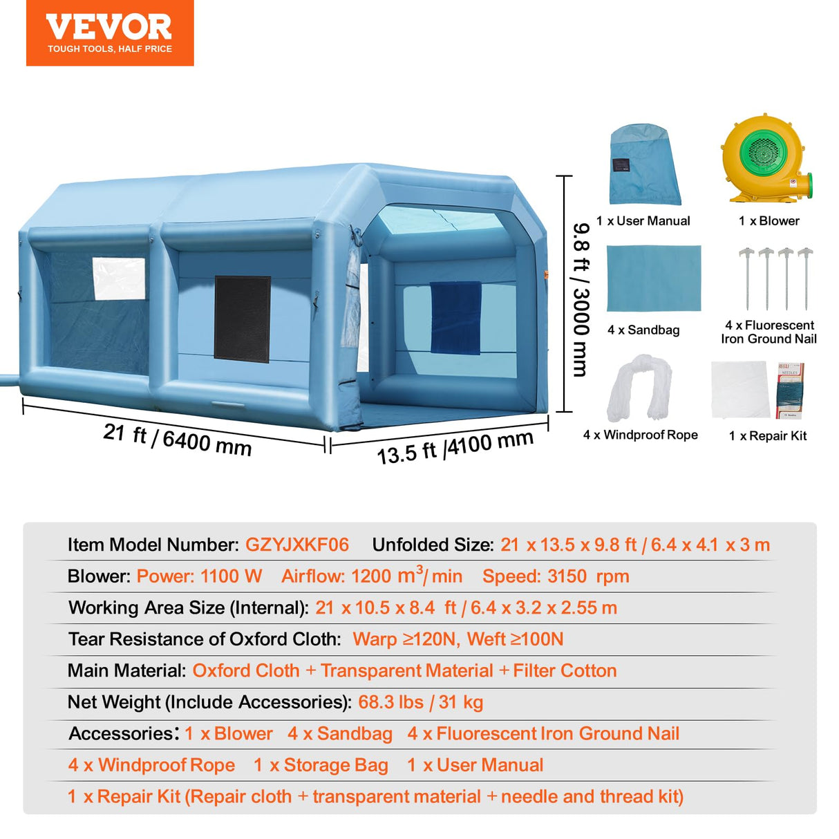 VEVOR Cabina de Pintura Inflable de 6,4 x 4,1 x 3 m con Potente Soplador de 1100 W y Sistema de Filtro de Aire, Cabina de Pintura Portátil para Vehículos Medianos, Pintura de Muebles Grandes