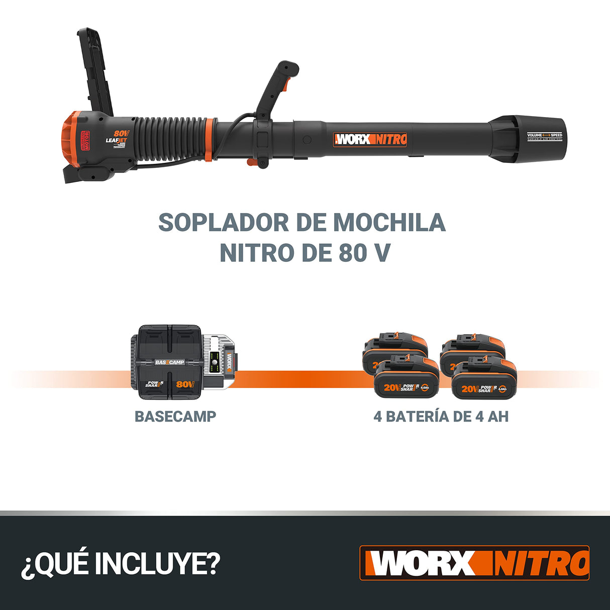 WORX Soplador de Hojas 80V Máx. WORX Nitro | WG572E | PowerShare | Incluye 4 baterías de 20V y 4Ah | Cargador Basecamp | Tecnología Air Enhacer