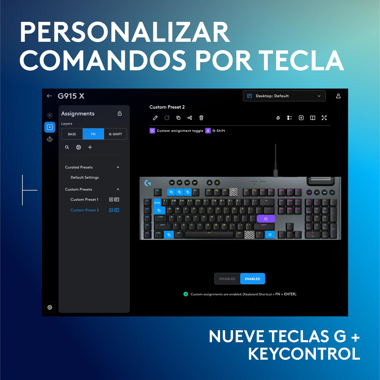 Logitech G G915 X Teclado mecánico para gaming con cable de perfil bajo, teclas de PBT de doble moldeado, teclas totalmente programables, interruptores táctiles marrones GL, PC/Mac, QWERTY ESP - Negro