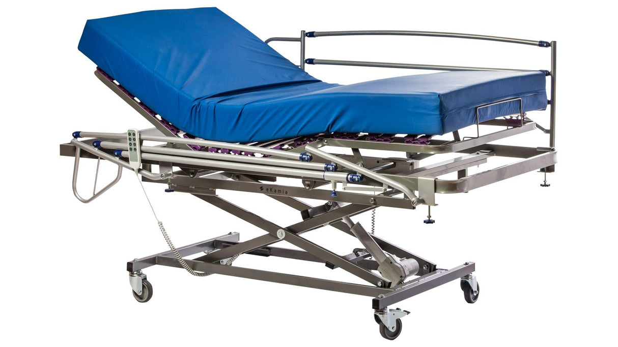 ekamia - Cama Articulada Geriátrica de Hospital Eléctrica con Carro Elevador, Colchón Sanitario y Barandilla - 90cm x 190cm