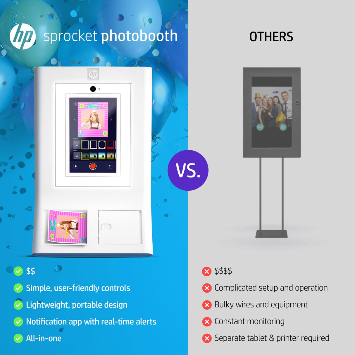 HP Sprocket Photobooth Impresora de Fotos 3x4” (Blanco) – 250+ Marcos, impresión en Papel Zink, Wi-Fi, luz LED, Pantalla táctil & App móvil.
