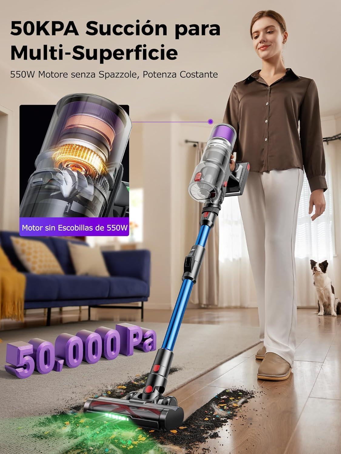 Proscenic P16 Aspiradora sin Cable 55Kpa/550W/65Mins, Aspiradora Escoba Vertical con Tubo Plegable, Cepillo Anti-Enredo y Pantalla Táctile LED para Suelo/Alfombra/Pelos de Mascotas