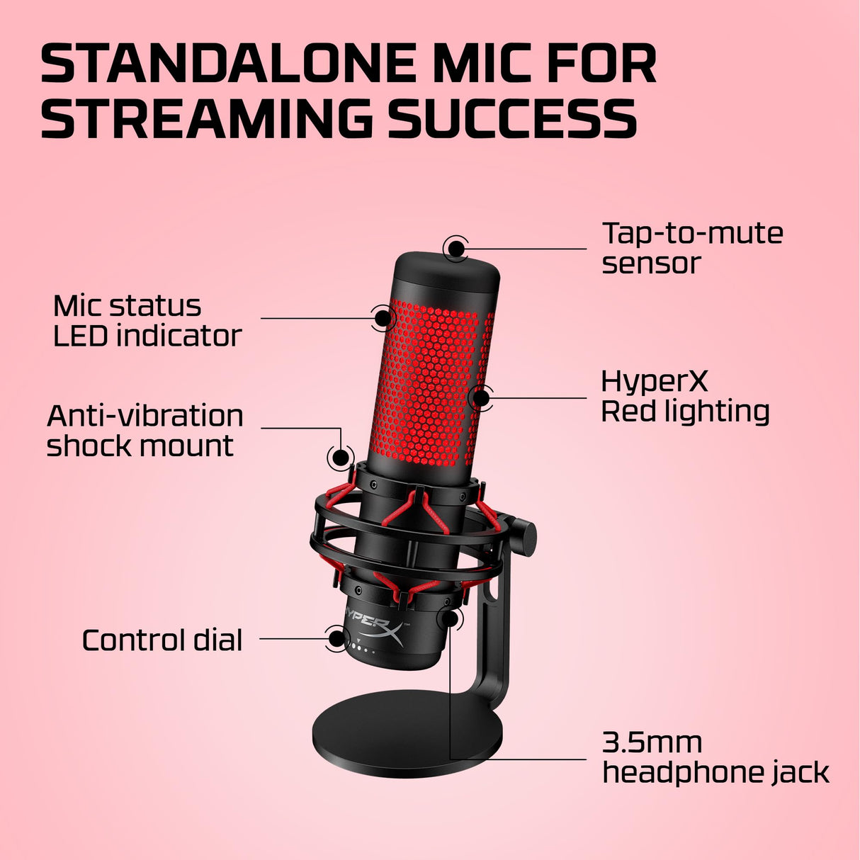 HyperX QuadCast - Micrófono de condensador USB, soporte de choque antivibración, cuatro patrones polares, filtro pop, control de ganancia, para PC, PS4, PS5 y Mac, Negro y Rojo