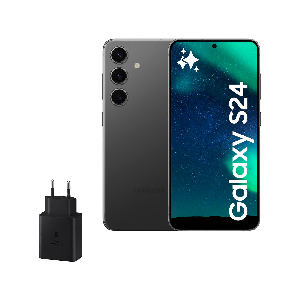 Samsung Galaxy S24 y Cargador 45W, Teléfono Móvil con IA, Smartphone Android, 8 GB RAM, 128 GB Almacenamiento, Cámara 50MP, Batería Larga Duración, Negro Onyx (Versión Española)