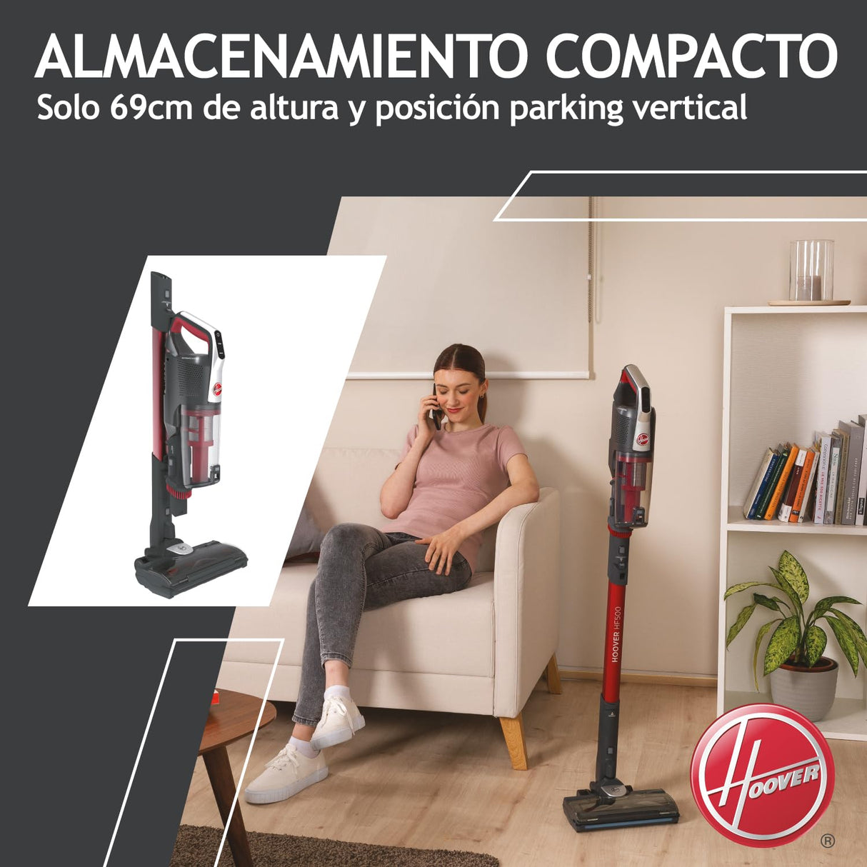 Hoover HF500 Plus Home HF522STH Aspiradora Escoba sin Cable, Accesorio 2 en 1, 45 min, Carga ultrarápida 2.5h, 15500 Pa, Dual led localizador de Polvo, Color Rojo