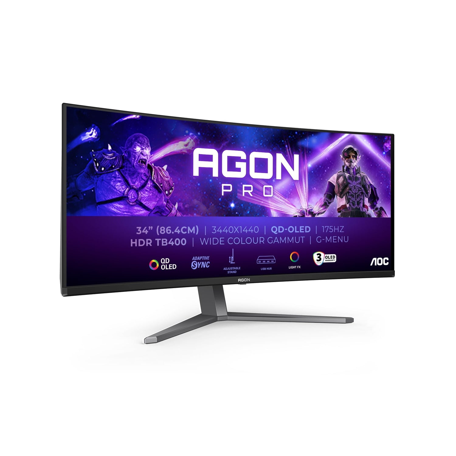 AOC Agon Pro AG346UCDAM - Monitor Gaming Curvo OLED WQHD de 34 Pulgadas, 175 Hz, 0,03 ms, FreeSync Premium Pro, Comp. G-Sync, HDR400 (3440x1440, 2X HDMI, DisplayPort, USB Hub) Negro