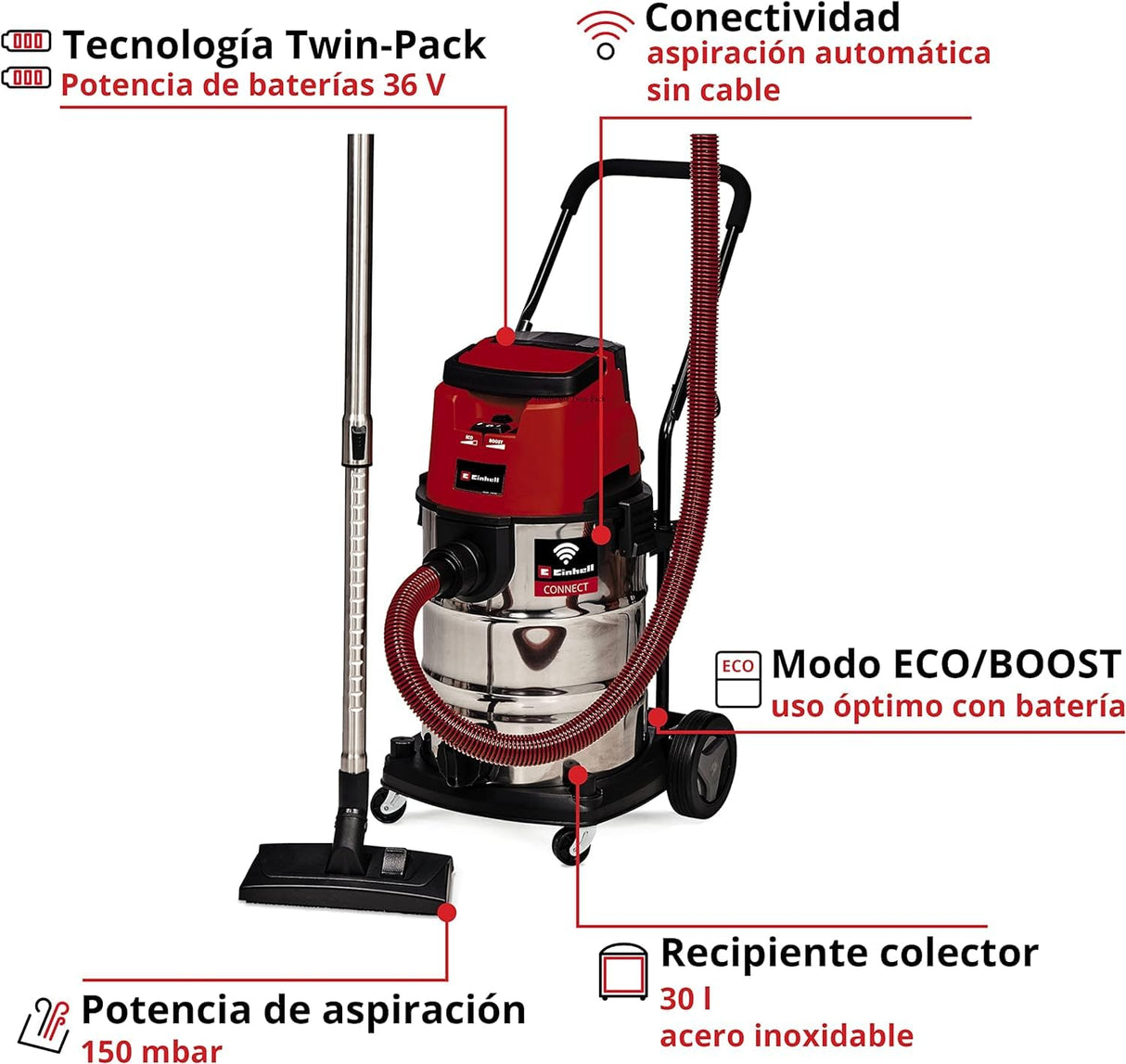 Einhell Professional Aspirador de seco-húmedo con batería TP-VC 36730 S Auto-Solo Power X-Change (iones de litio, 36 V, función de conectividad, función ECO/BOOST, sin batería ni cargador)