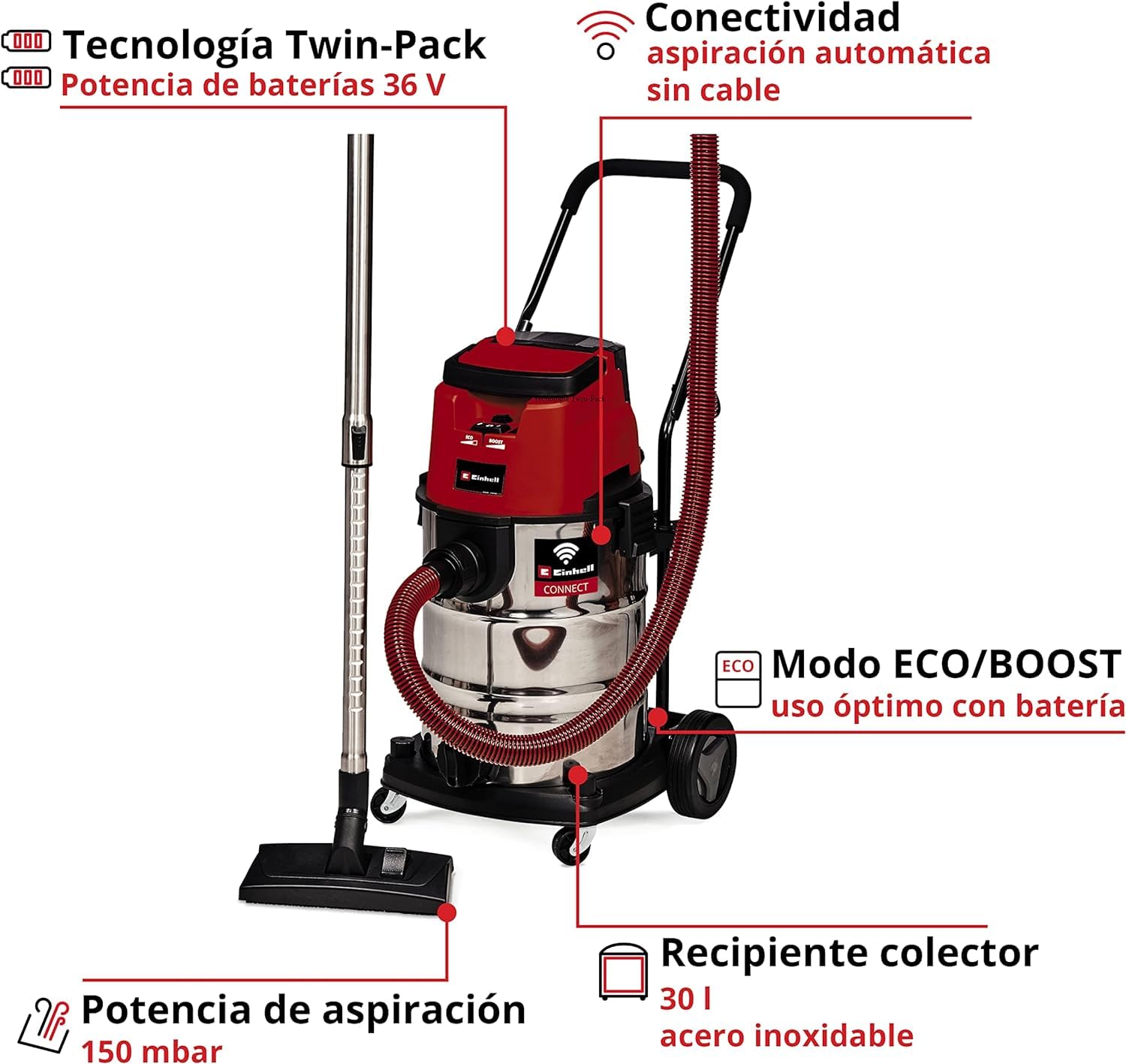 Einhell Professional Aspirador de seco-húmedo con batería TP-VC 36730 S Auto-Solo Power X-Change (iones de litio, 36 V, función de conectividad, función ECO/BOOST, sin batería ni cargador)