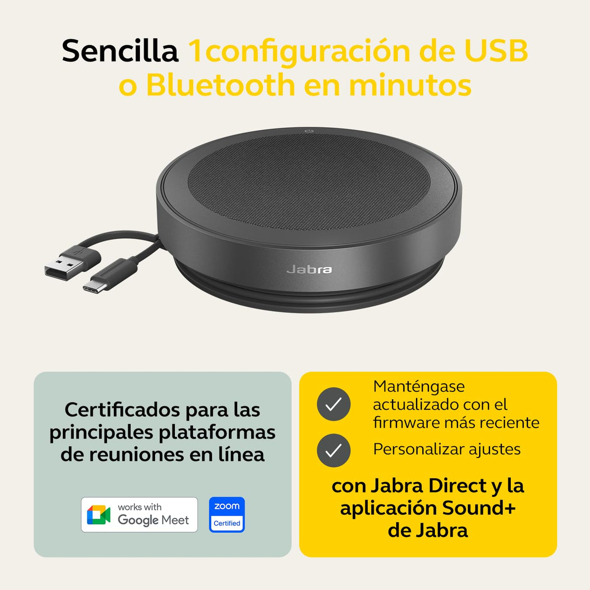 Jabra Speak2 75 Altavoz inalámbrico Bluetooth para Trabajo y música, 4 micrófonos con cancelación de Ruido, Altavoces de 65 mm, Nueva función de conexión, USB-A, Zoom y Google Meet, Gris Oscuro