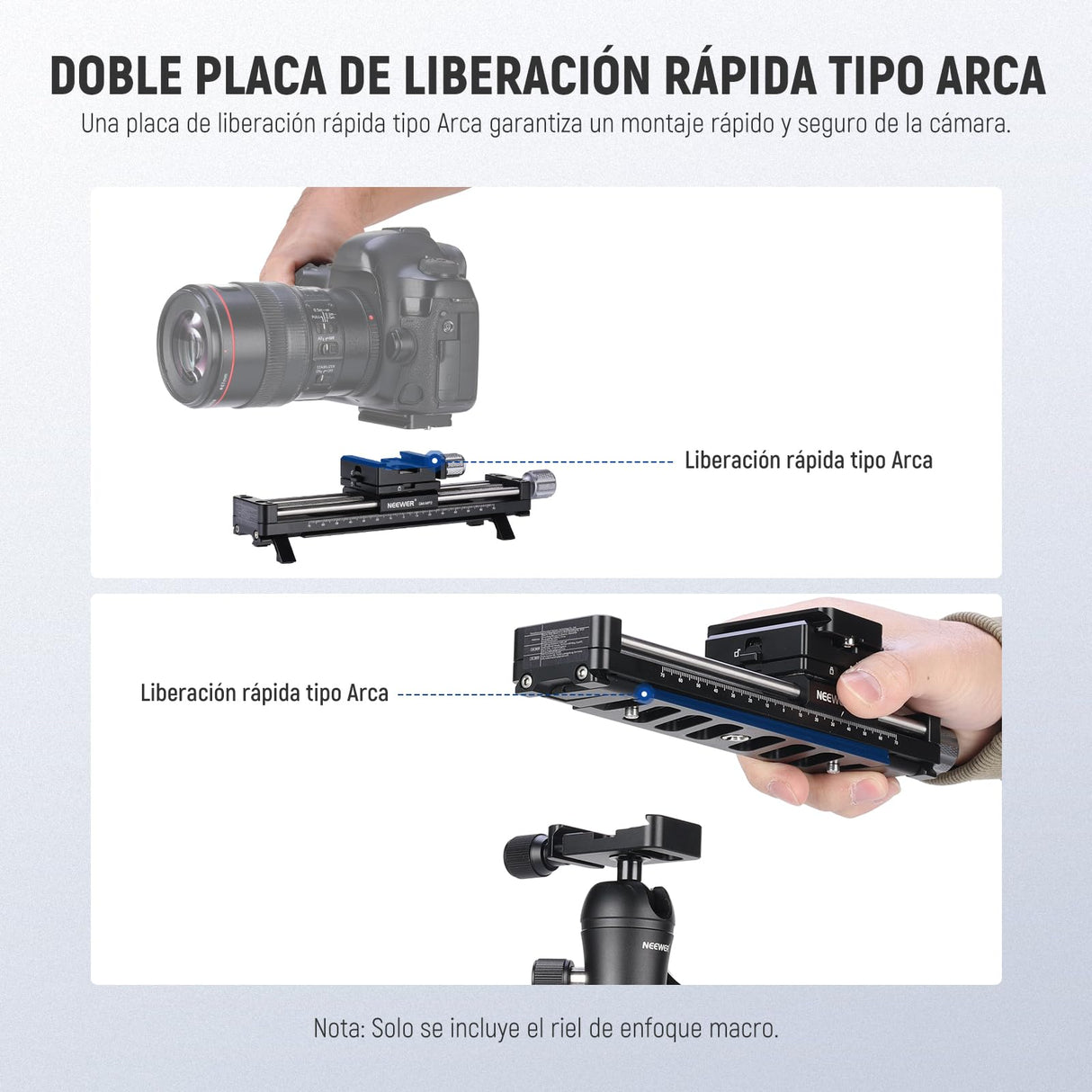 NEEWER Riel de Enfoque Macro de 140 mm, Deslizador de riel Macro con rotación de 360°, Bloqueo de 4 direcciones, Patas retráctiles, Placa QR Tipo Acra, Tornillo de 1/4 y 3/8 Pulgadas para fotografía