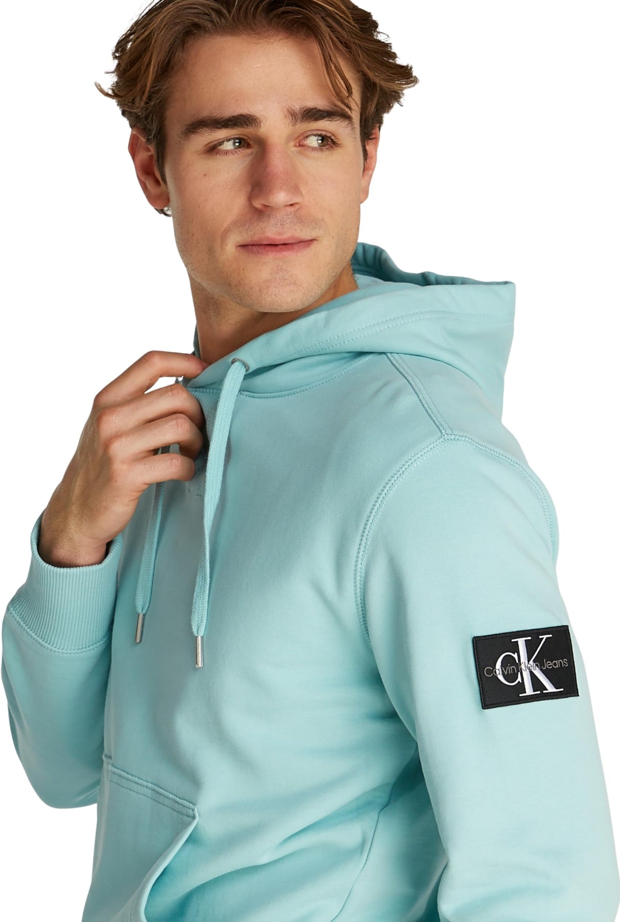 Calvin Klein Hoodie Hombre Badge con Capucha, Azul (Fresh Mint), M