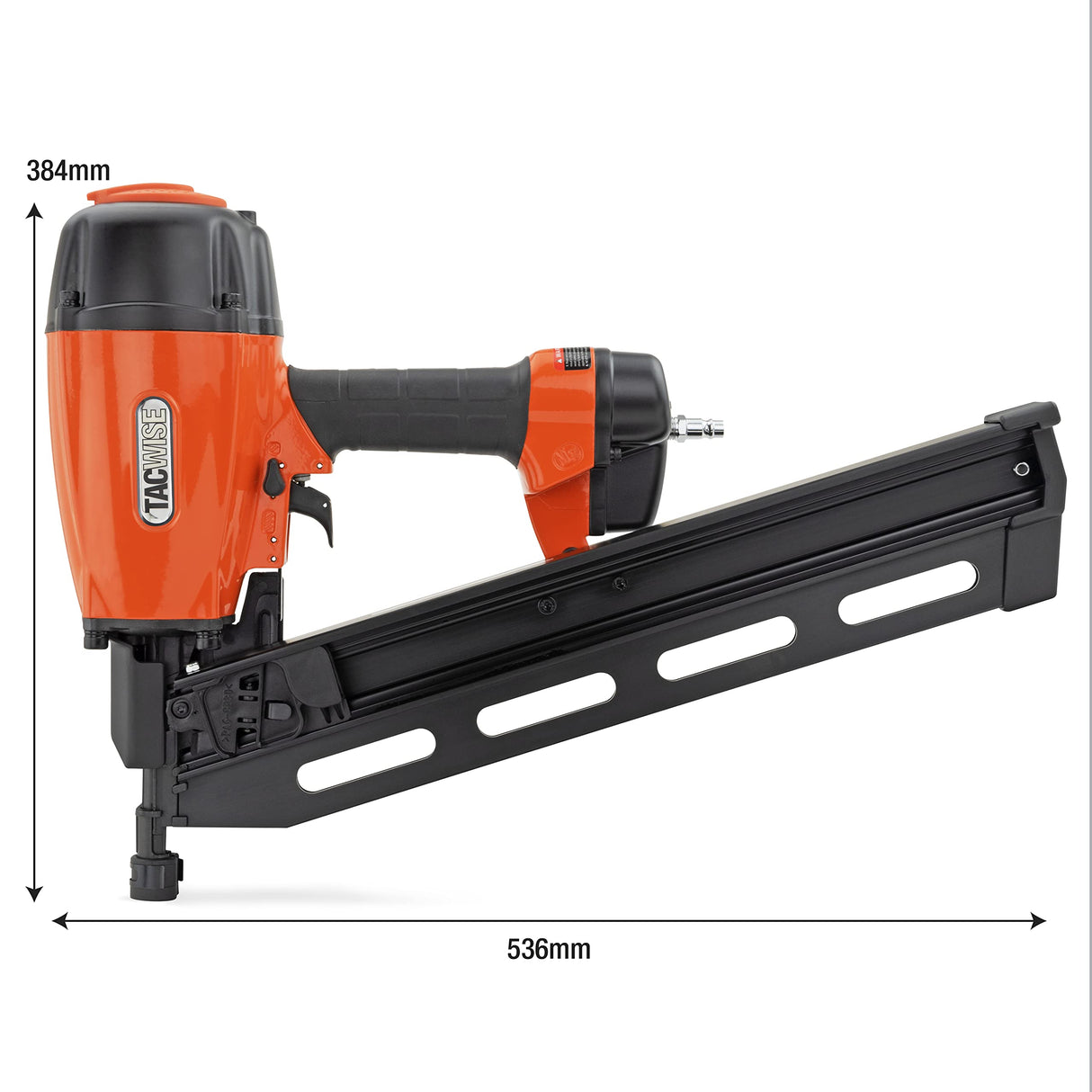TACWISE KSN90V Clavadora Neumática para Clavos en Peine Inclinados, Usa Clavos Inclinados a 21 de 50 a 90 mm de largo y 2,8 a 3,3 mm de diámetro en Tiras de Plástico, Naranja/Negro