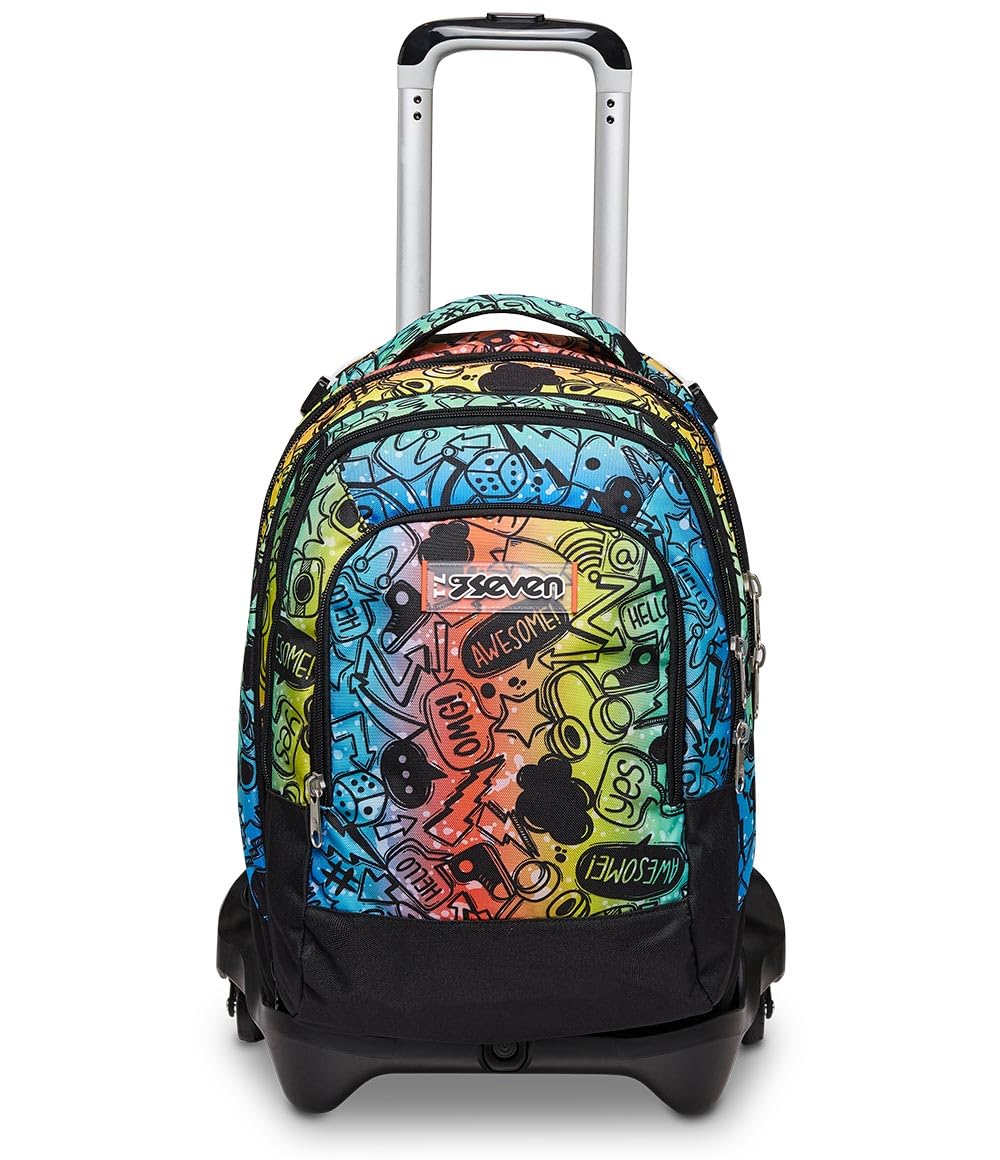 Seven Mochila con 3 Ruedas TROLLEY JACK-3WD - COLOUR EXPRESSION, Multicolor - Mochila 3 en 1, Escolar con Carro, Crossover System - Bolso Escolar Niños, Niñas y Adolescentes