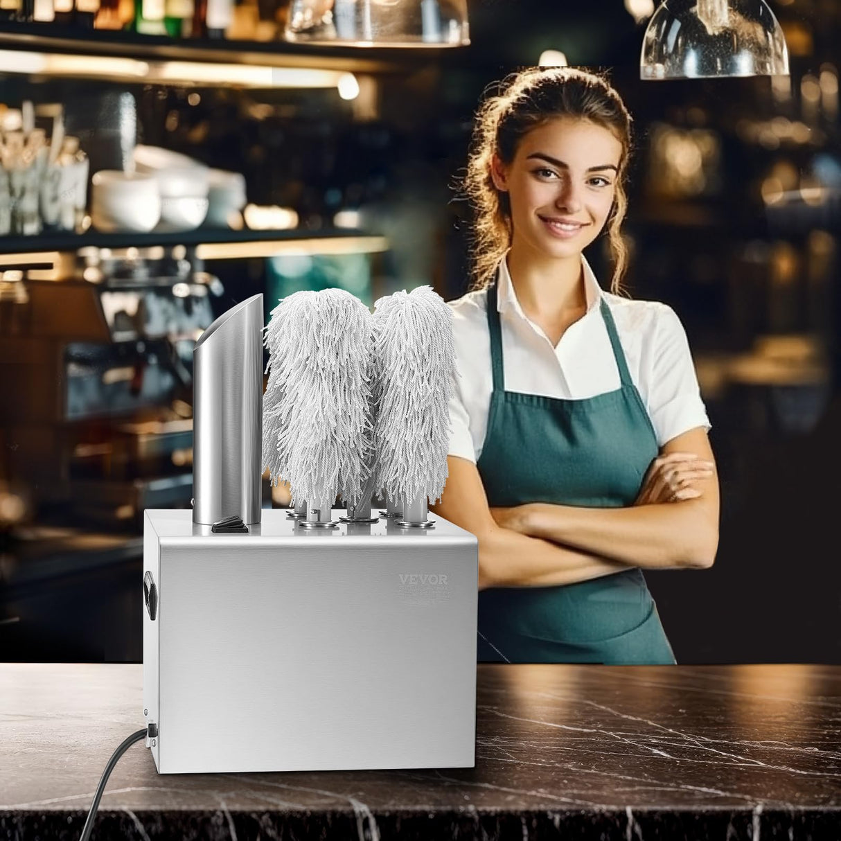 VEVOR Pulidora de Copas de Vino con 5 Cepillos Pulidora de Copas Eléctrica Comercial de 330 tazas/hora para Copas de Champán, Vasos de Cerveza, Jarras, para Bares, Restaurantes, Cocinas, Plata