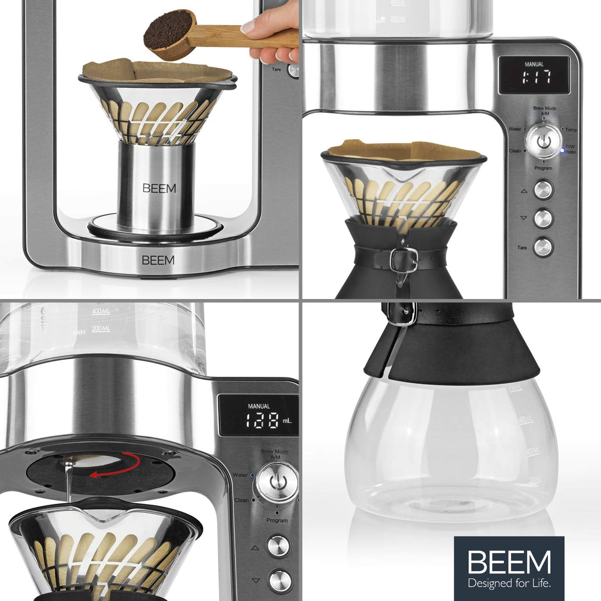 Beem Basic Selection Pour Over - Cafetera goteo con báscula de cristal, de acero inoxidable, jarra de café de 0,75 L, con principio de preparación directa, con cabezal giratorio