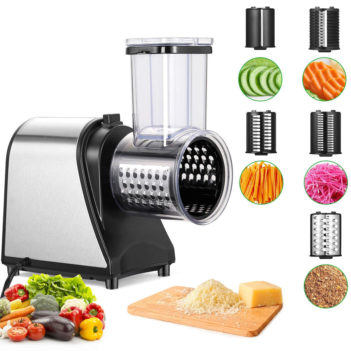 Rallador eléctrico de verduras de 250 W con gran orificio de llenado, 5 discos de acero inoxidable para verduras y queso