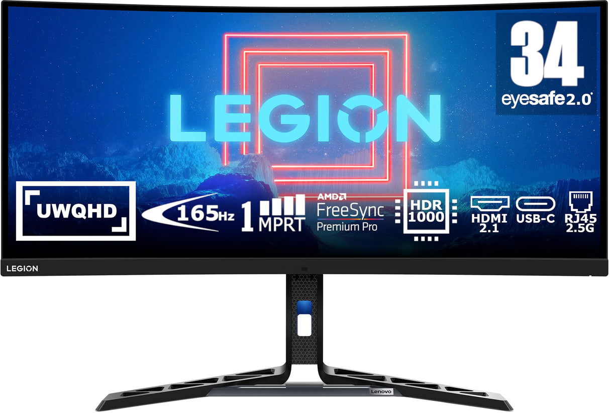 Lenovo Legion Y34wz-30 - Monitor Curvo de 34'' UWQHD con EyeSafe (VA, 165Hz, 1ms, HDMI+DP+USB-C, FreeSync Premium Pro, Altavoces) Ajuste de inclinación/Altura/Giro - Negro