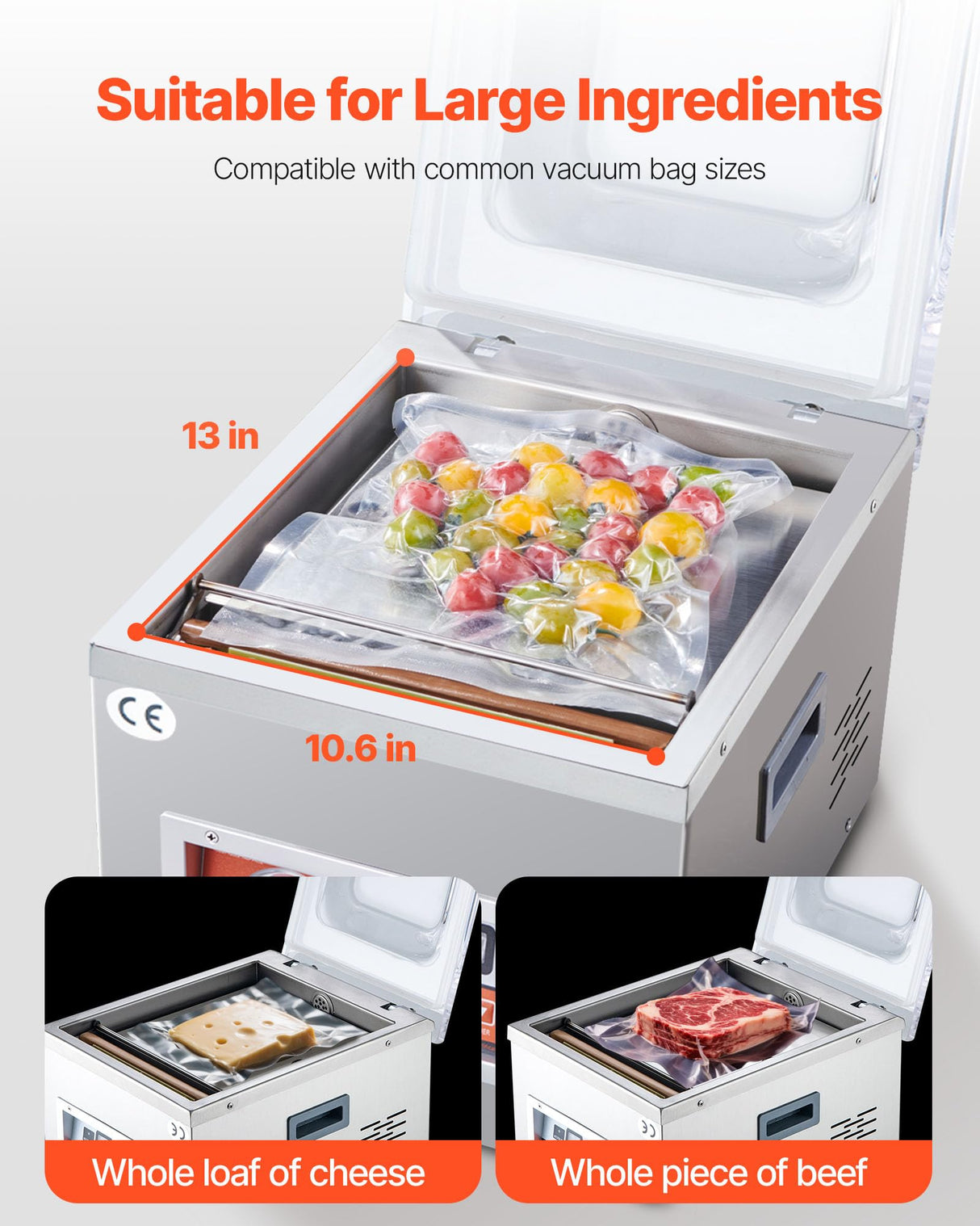 VEVOR Sellador al Vacío, 180W de Potencia de Motor y 260W de Sellado, Máquina de Envasado a Vacío, Acero Inoxidable, Máquina Selladora de Cámara, 33x25cm de Máx. Tamaño de Sellado, Hogar, Supermercado