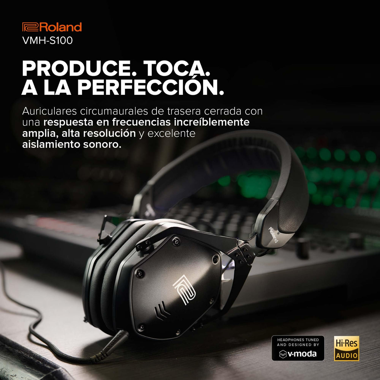 Roland VMH-S100 | Auriculares circumaurales para producción musical en alta resolución | Amplia respuesta en frecuencias | Increíble aislamiento sonoro | Transductor de 50 mm | Cómodos y resistentes