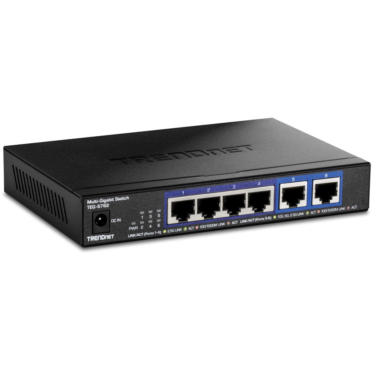 TRENDnet, TEG-S762, Conmutador de 6 Puertos 10G, 4 Puertos 2.5G RJ-45 Base-T, 2 Puertos 10G RJ-45, Capacidad de conmutación de 60 Gbps, Montaje en Pared, Conexiones de Red de 10 Gigabit, Negro