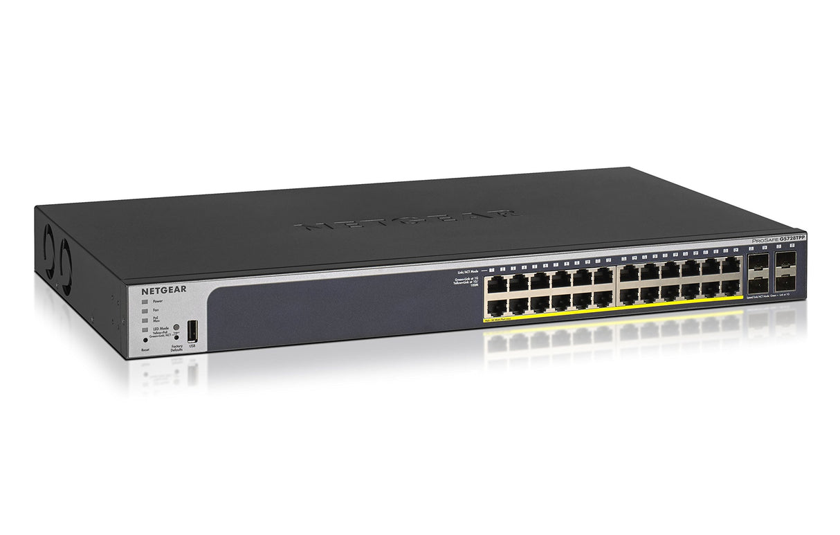 NETGEAR Switch PoE Gigabit Ethernet Smart gestionado de 28 puertos GS728TPP - Gestión Insight opcional, 24x PoE+ a 380W, 4x 1G SFP, montaje en sobremesa o bastidor y protección limitada de por vida