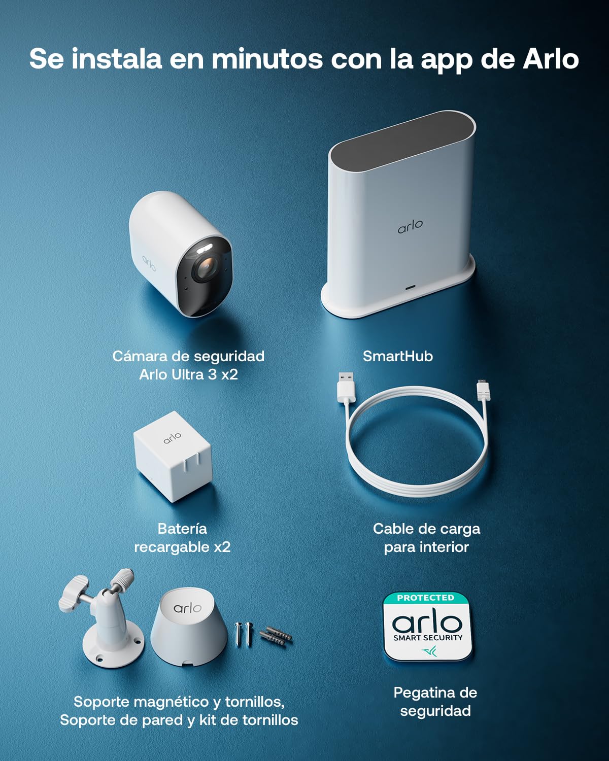 Arlo Ultra 3, Cámara de Vigilancia Exterior WiFi 4K UHD, Reconocimiento por IA, Vsión Nocturna a Color, Audio bidireccional, Funciona con Alexa, Prueba de Secure App incluida, 2 Cámaras + Smarthub