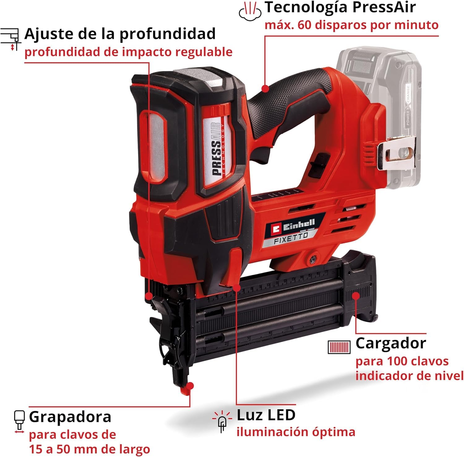Einhell Profesional Clavadora con baterías FIXETTO 18/50 N Power X-Change (18V, 60 tiro/min, máx. 50 mm de longitud de clavo, tiro individual/en serie, incl. 500 clavos, sin batería)