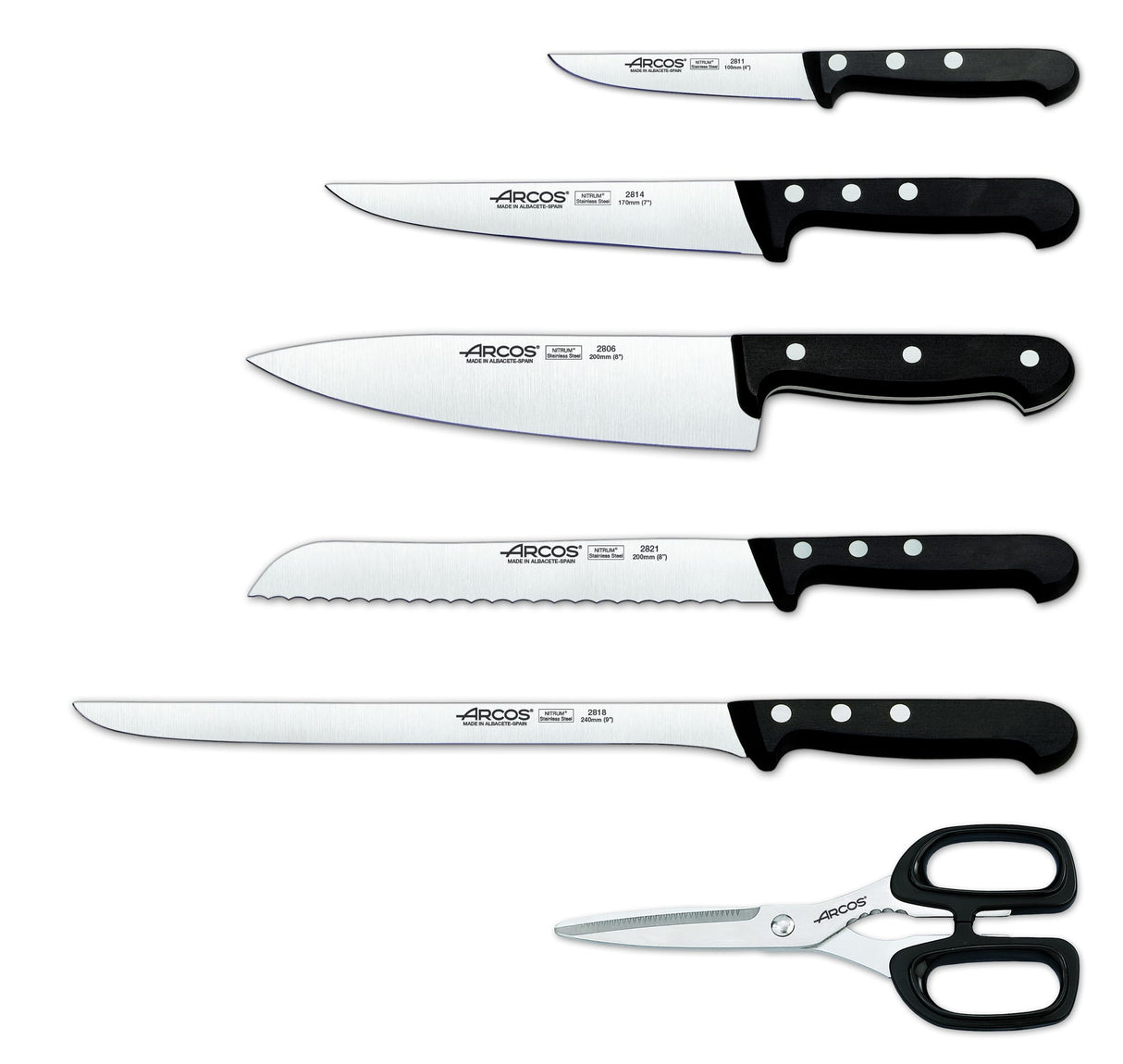 ARCOS Universal Juego de Cuchillos de Cocina Profesional + Tijeras con Bloque de Madera. Set de 5 Cuchillos + Tijeras de Acero Inoxidable. Bloque de Cuchillos para Cocinar.