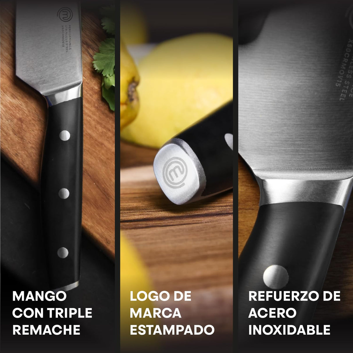 MasterChef Juego de Cuchillos de Cocina Profesional con Soporte, con Cuchillo Chef, Cebollero, Santoku, Pan, Chuleteros, Afilador y Tijeras, Acero Inox con Alto Carbono, Asas Triple Remache, 15 Piezas