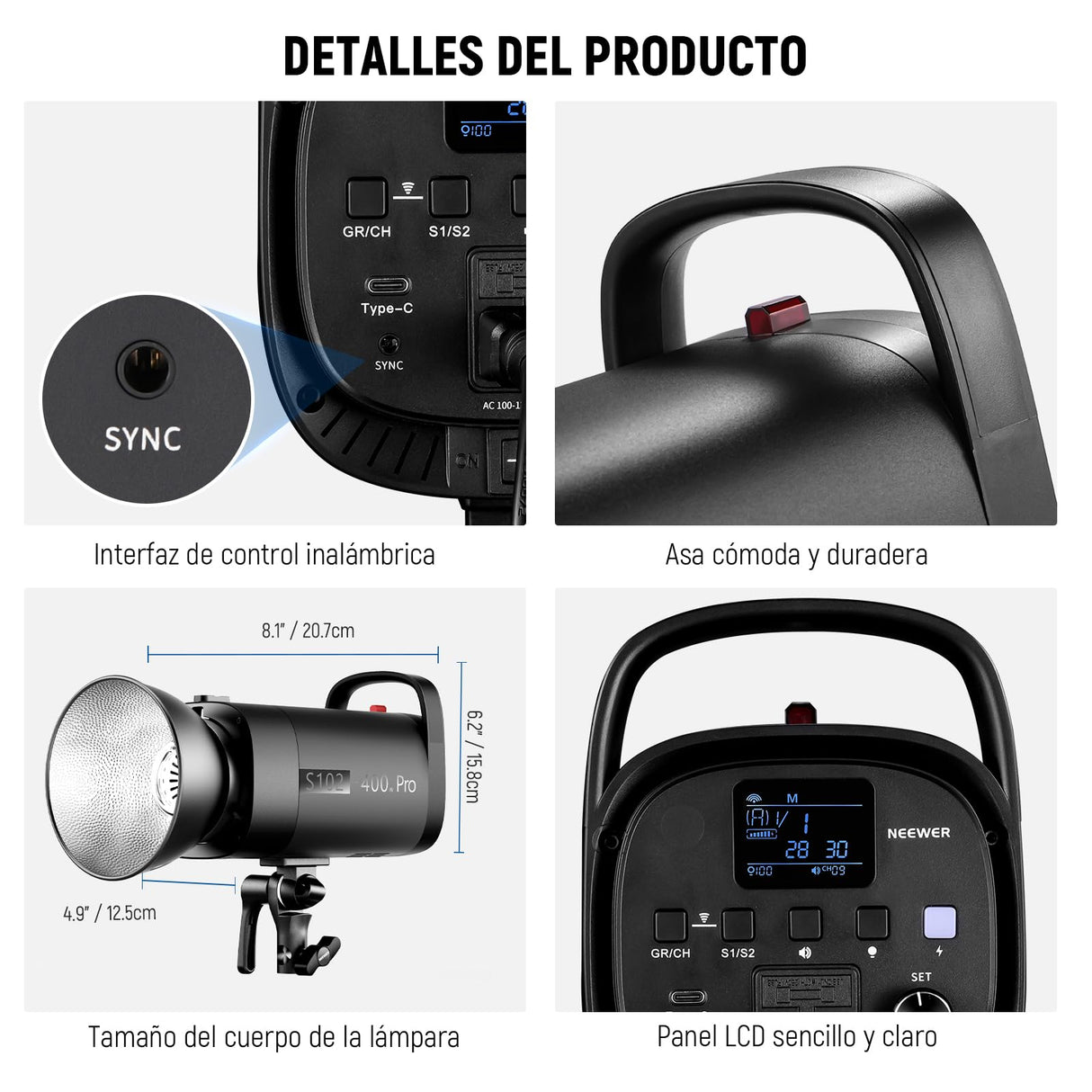 NEEWER S102-400W Pro Fash Luz Strobe con Disparador 2,4G, 400Ws GN62 5600K con 30W Lámpara de Modelar LED Reflector Montaje Bowens Modo S1/S2 Ventilador para Fotografía Productos,Compatible con QPRO