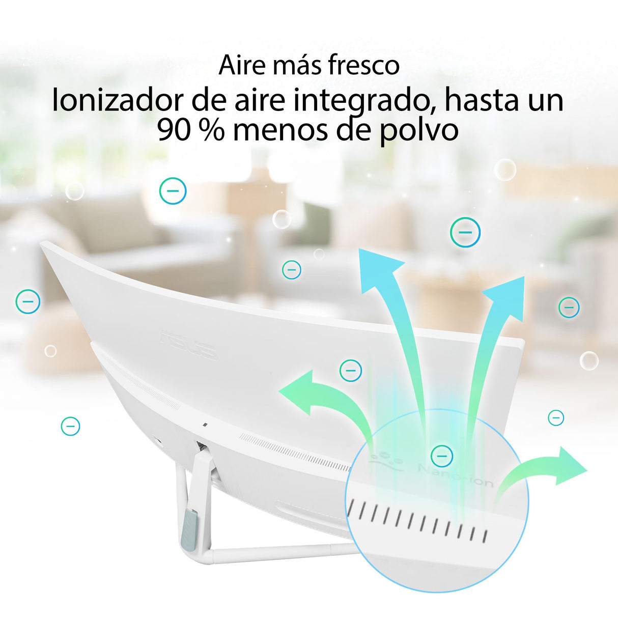 ASUS VU34WCIP-W Monitor Eye-Care WQHD de 34 Pulgadas, 3440x1440, curvatura 1500R, sin Marco, 100 Hz, ionizador de Aire, SmoothMotion, Eye Care Plus, USB-C PD 65 W, Altavoces, sostenibilidad óptima