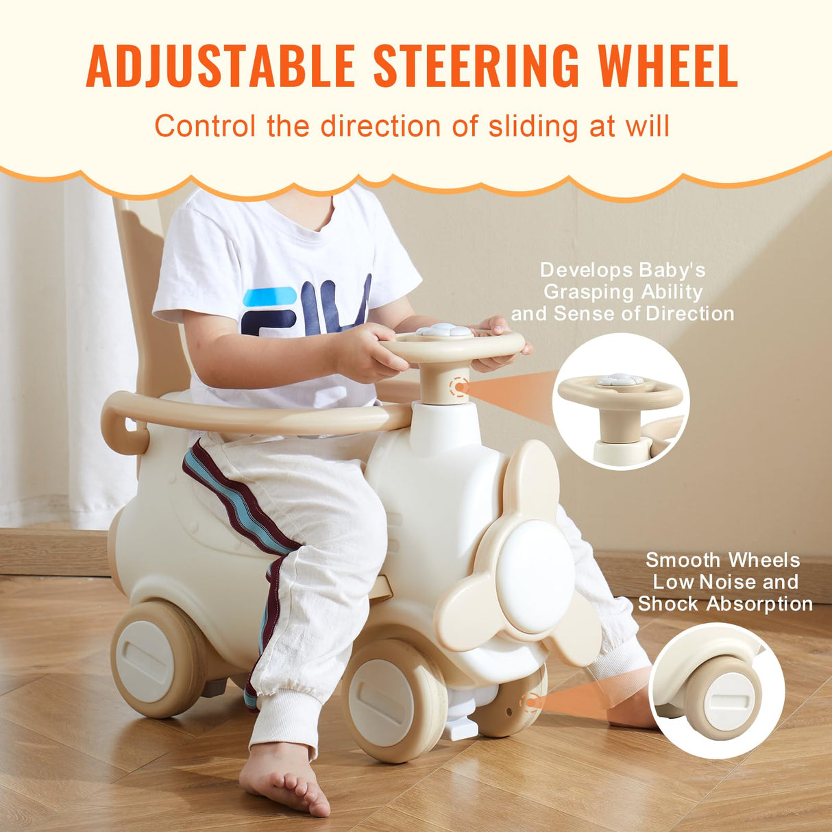 VEVOR Caballo Balancín 5 en 1 para Niños de 1 a 3 Años, Caballo Balancín para Bebé con Trampolín, Tabla de Equilibrio Desmontable, Manija de Empuje y 4 Ruedas Lisas, para Niños de 36 kg, Blanco
