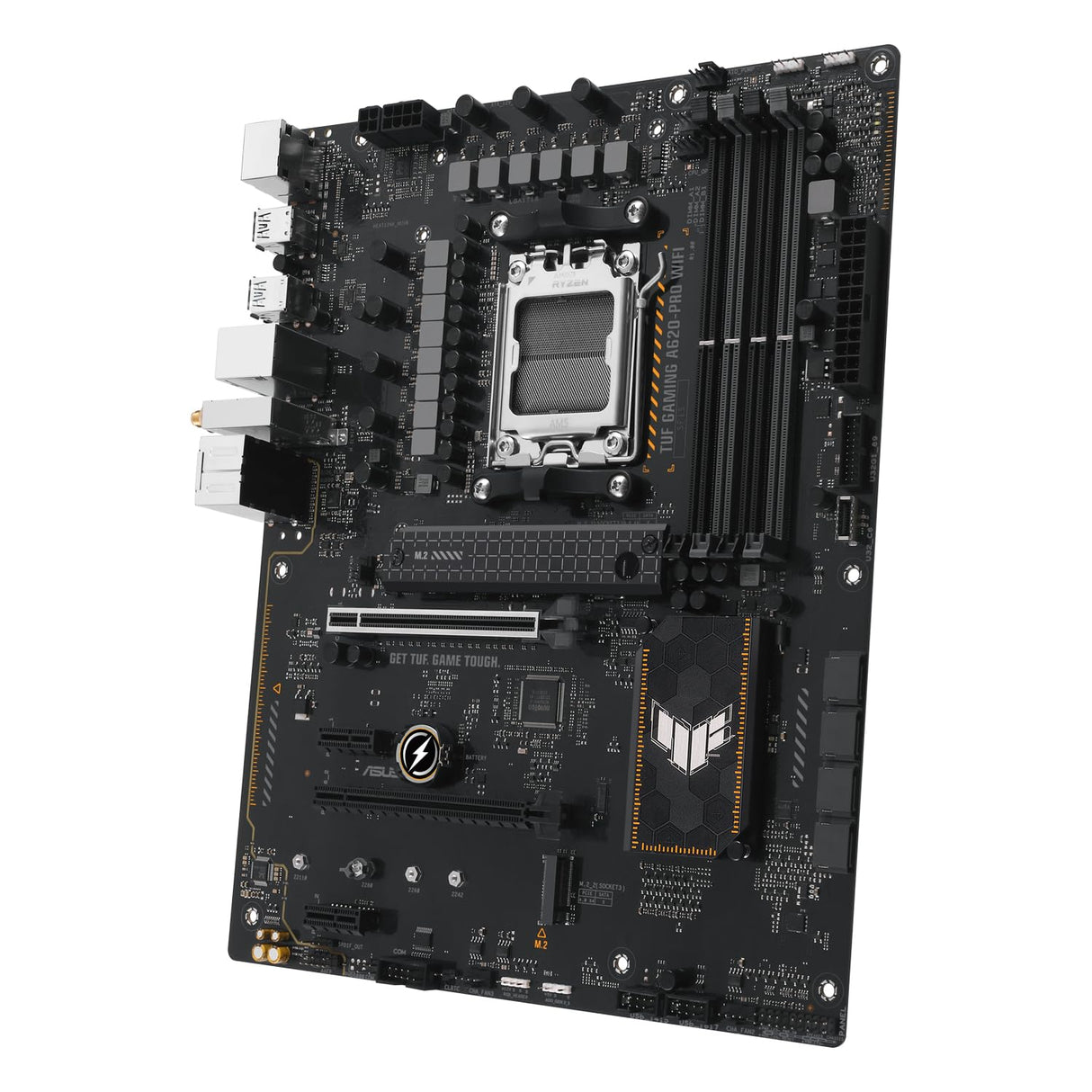 ASUS TUF Gaming A620-PRO WiFi Placa Base AMD A620 ATX (12+2 DrMOS, Wi-Fi 6, 2.5Gb Ethernet, DP, HDMI, USB 3.2 Gen 2, USB 3.2 Gen 1 Type-C, BIOS Flashback, cancelación de Ruido y Aura Sync), Negro
