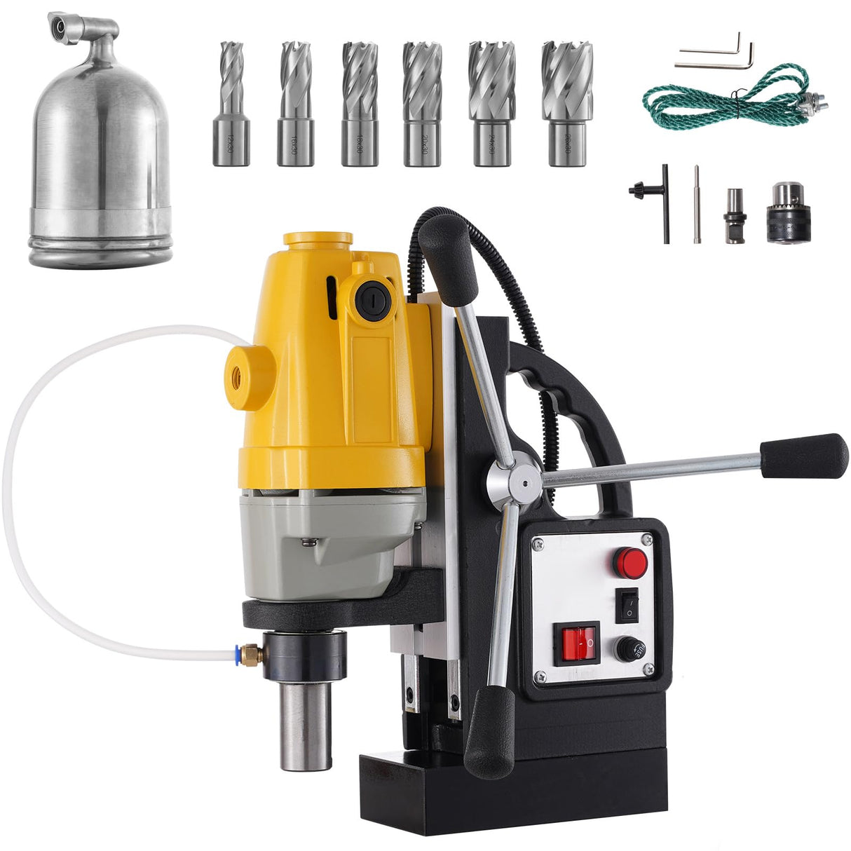 RICHRICH Taladro magnético 1100 W, diámetro de aleta de 1-1/2 pulgadas (40 mm), taladro de columna magnética MD40, 12000 N, 670 rpm, con 6 fresas anulares HSS, sistema de perforación, construcción