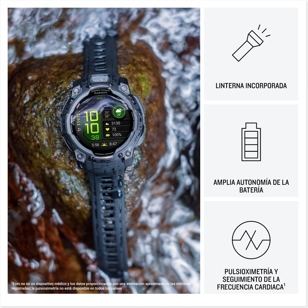 Garmin Instinct 3, Reloj inteligente con GPS, Pantalla AMOLED de 50 mm, Resistente al agua, Aplicaciones deportivas integradas, Monitorización de la salud, Linterna LED, Hasta 24 días autonomía, Verde