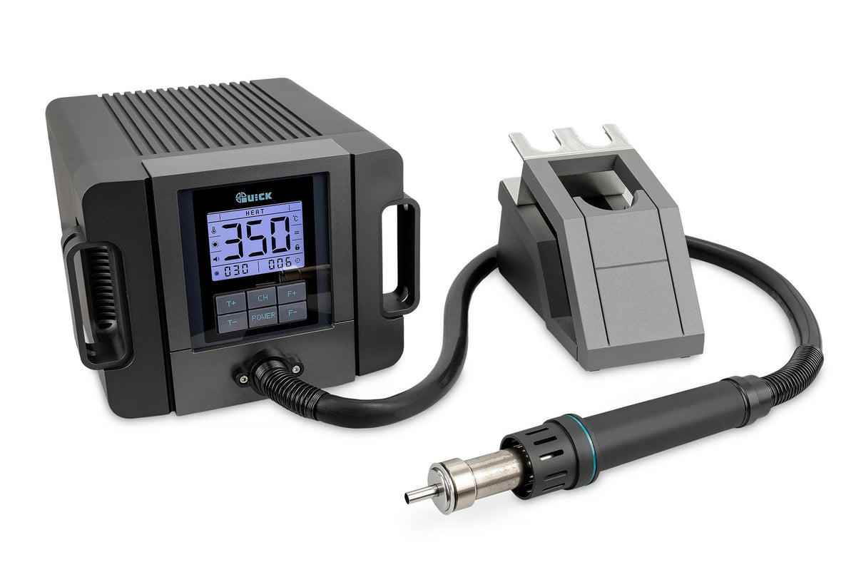QUICK TR1300A - Estación de soldadura de aire caliente industrial (1300 W, rango de temperatura de 100 – 500 °C, SMD, función de calibración, modo de espera/pantalla LCD)