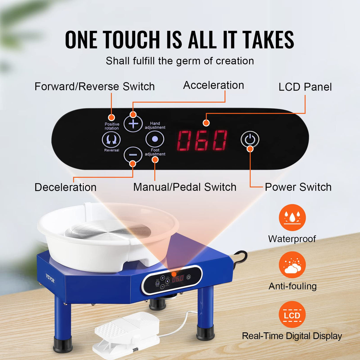 VEVOR Máquina de Rueda de Cerámica Eléctrica Diámetro de 25 cm Torno de Alfarero Eléctrico 350 W Máquina de Arcilla de Cerámica 0-300 rpm Carga Máxima de 8 kg con Pedal para Modelar Artesanía Cerámica
