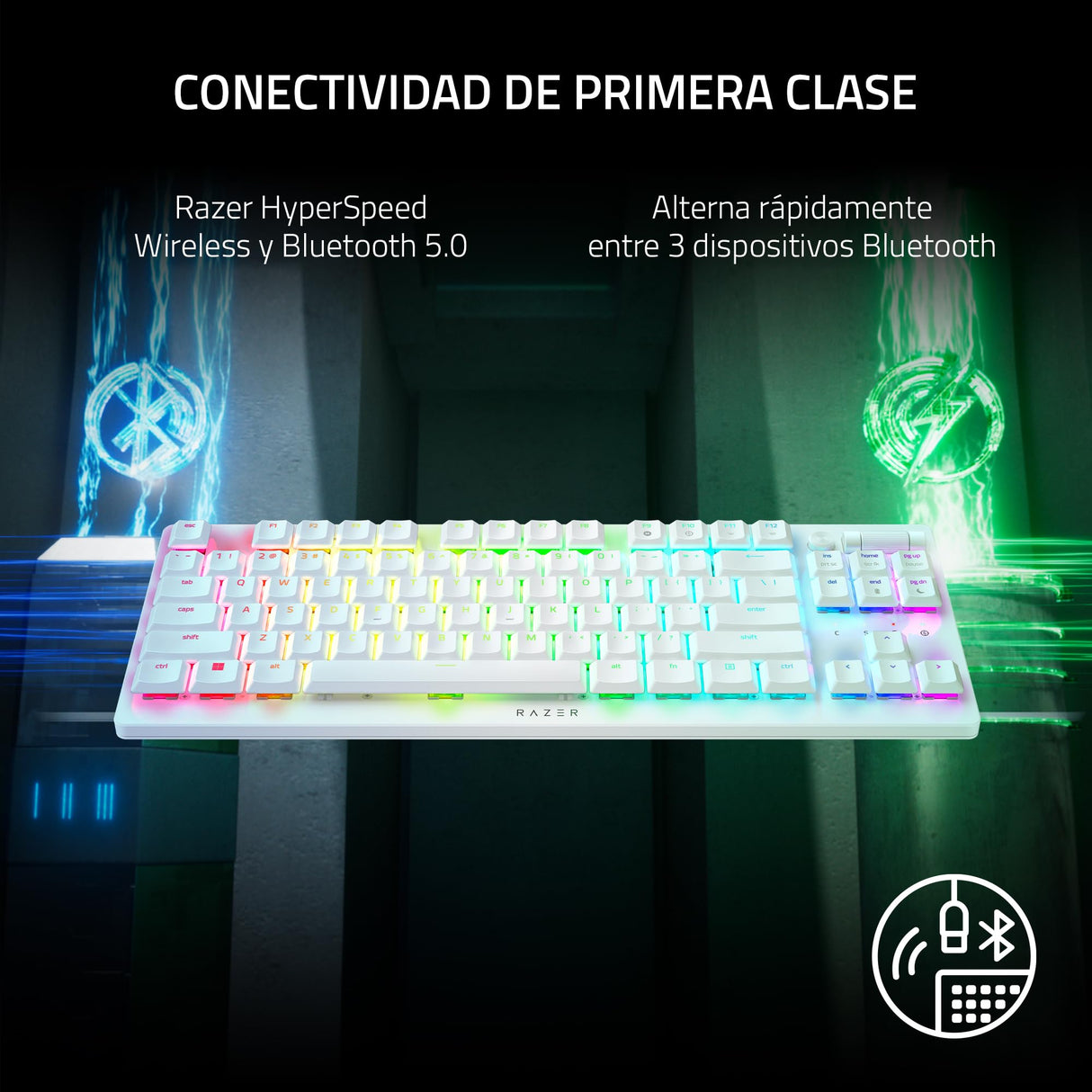 Razer DeathStalker V2 Pro Tenkeyless (Interruptor Rojo) - Teclado Óptico Inalámbrico para Juegos de Bajo Perfil (Interruptores Ópticos Lineales, HyperSpeed Wireless, Bluetooth 5.0) Diseño US, Blanco