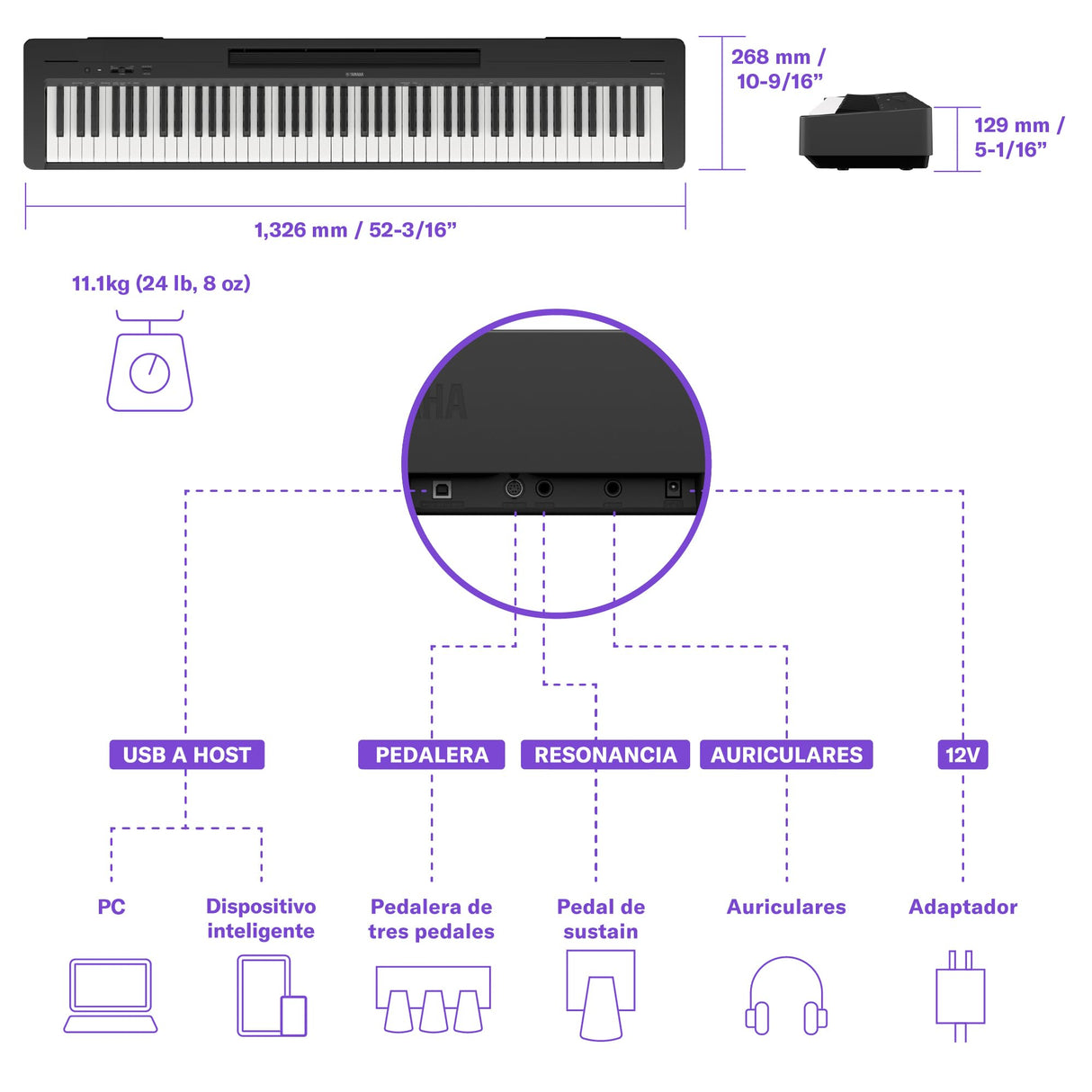 Yamaha P-145 piano digital ligero y portátil, con teclado Graded Hammer Compact, 88 teclas y 10 voces de instrumentos, negro