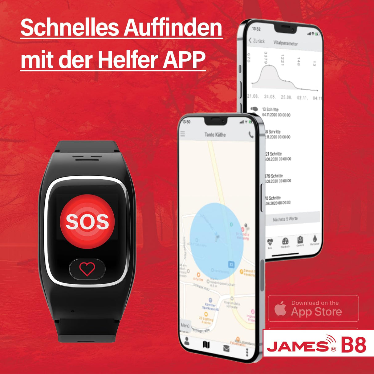 James B6 - Reloj de Emergencia y Seguridad para Personas Mayores, detección de caídas, botón de Llamada de Emergencia y localización GPS, Funciones de Salud, por Ejemplo, Pulso, aplicación Familiar +