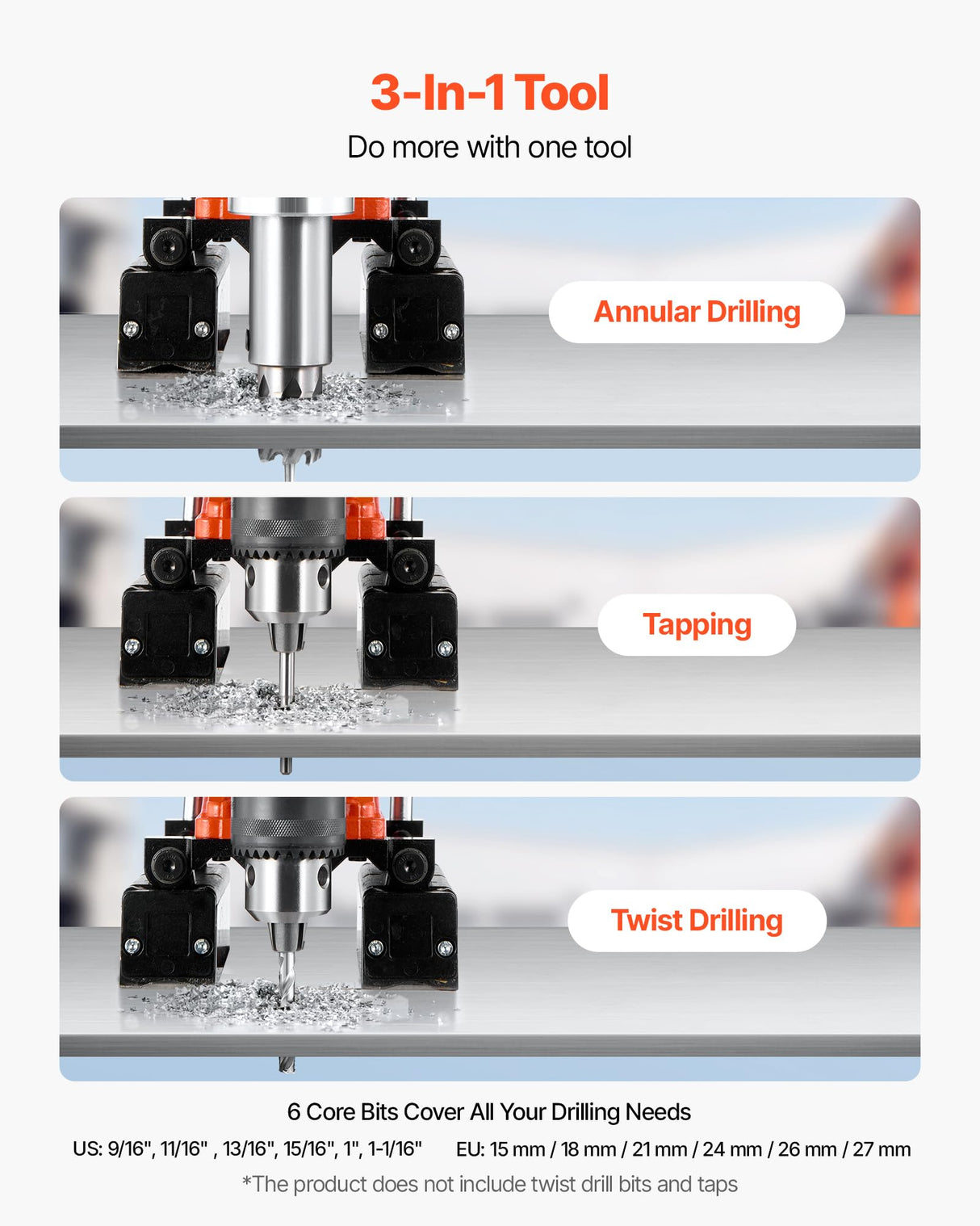 VEVOR Taladro Magnético de 1400 W, Diámetro de Perforación de 50 mm, Dirección Reversible, Velocidad de 0 a 850 RPM, Taladro Magnético con 6 Brocas para Bricolaje Industrial y Doméstico, Naranja