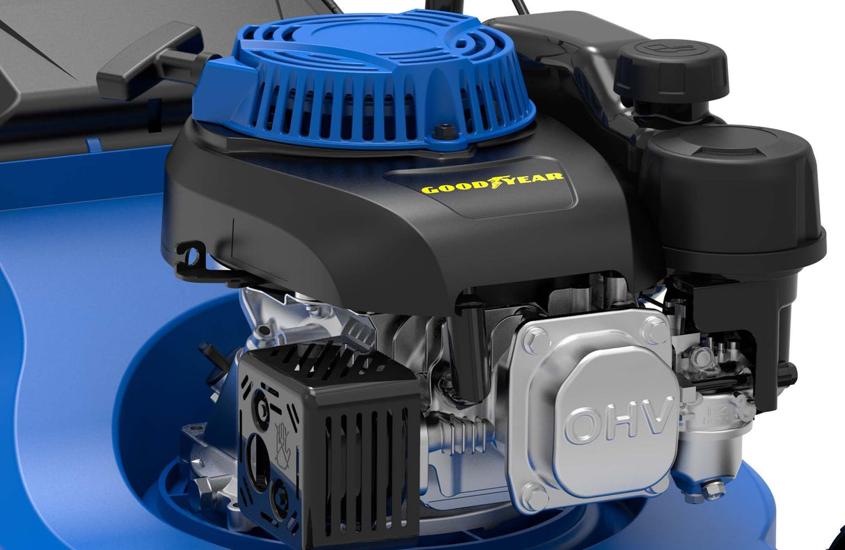 Goodyear - Cortacésped a Gasolina 132cc OHV 4T, 3.35HP, Ancho Corte 39cm, Altura Ajustable 30-66mm, Bolsa 35L, Chasis Plástico, Arranque Manual, Ideal Jardines Medianos